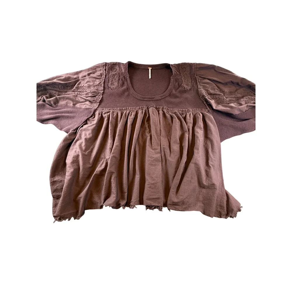Free People Brown Embroidered Babydoll Puff Sleeve Mixed Media Top XS/S